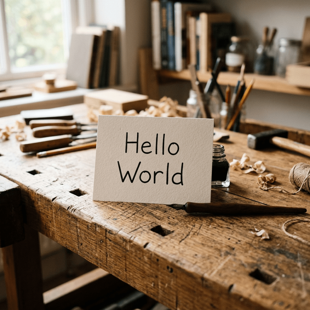 Card with 'Hello World' text on a wooden workbench surrounded by tools and craft supplies
